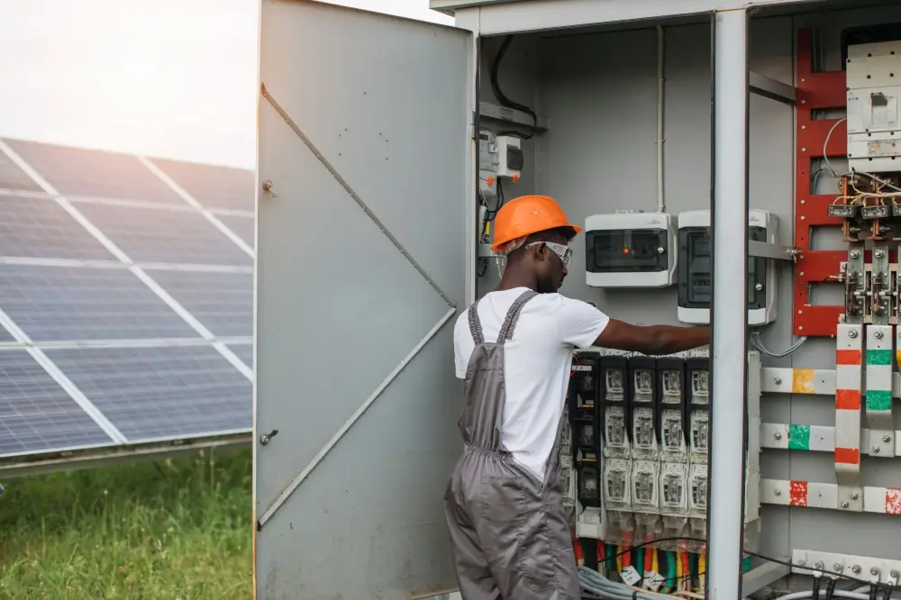 man-in-uniform install Surge protector in Solar combiner box